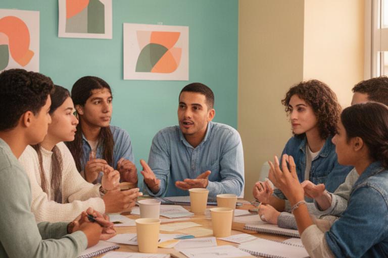 Asamblea de jóvenes conversando alrededor de una mesa en un centro comunitario de Granadilla