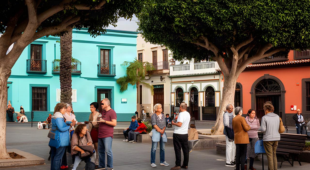 Plaza de Granadilla de Abona con vecinos conversando junto a árboles y edificios del municipio