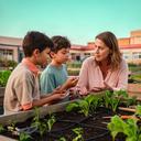 Docente conversando con alumnado junto a un huerto escolar de Granadilla de Abona