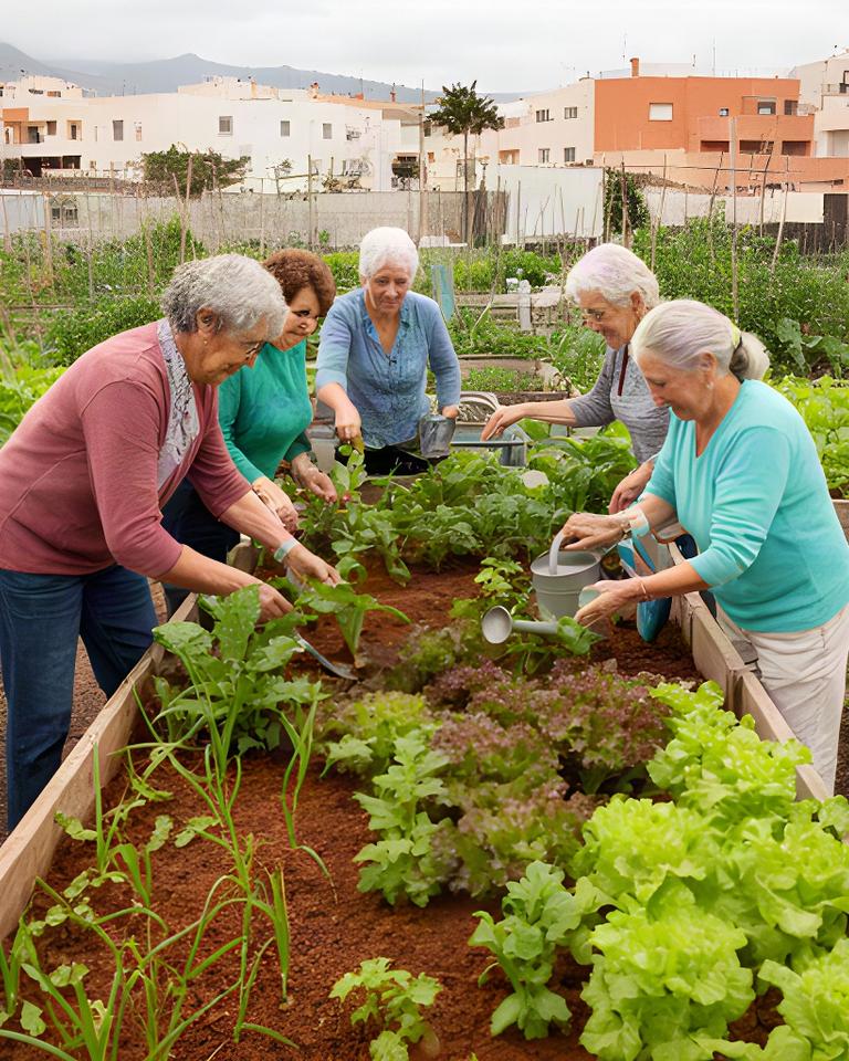 Vecinas cuidando bancales de verduras en el huerto comunitario de San Isidro