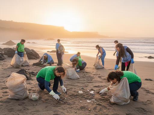 Personas recogiendo residuos en una playa del sur de Tenerife al amanecer